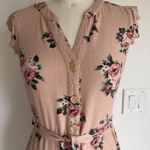 Monteau Rose Floral Linen Blend-Belted Button Up Flattering Sun Dress-Size S - Picture 3 of 16